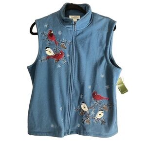 Fleece Vest Traditions Country Collection Winter Cardinal Chickadee Design Sz L